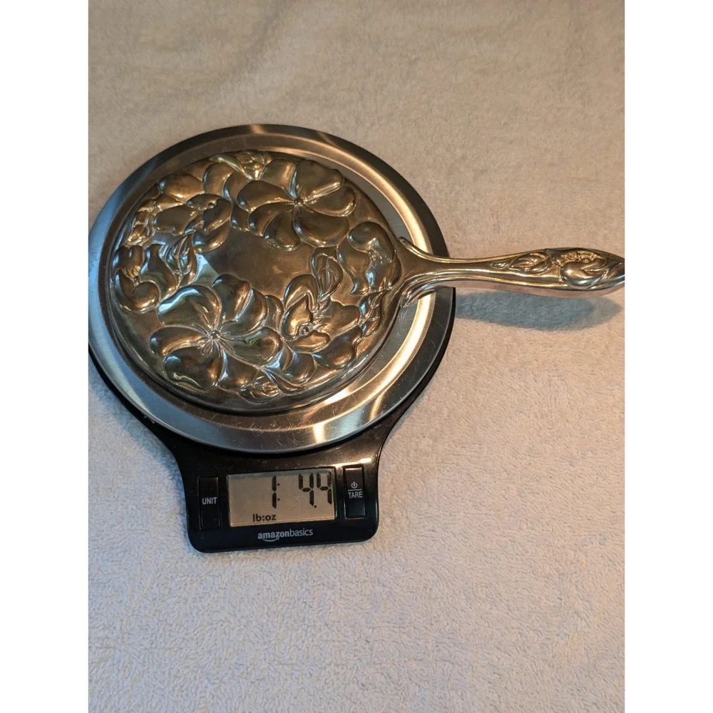 Vintage Antique Art Nouveau Silver Hand Mirror Embossed Flowers  Tiffany ? Heavy